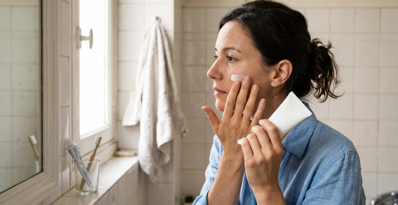 Une femme applique une crème solaire sur sa joue dans une salle de bains lumineuse.