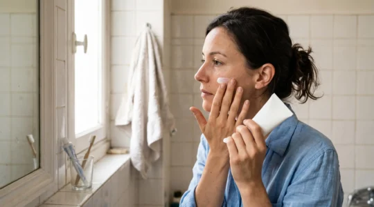 Une femme applique une crème solaire sur sa joue dans une salle de bains lumineuse.