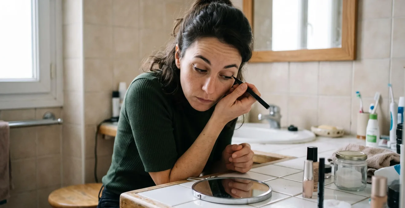 Une femme applique un trait d'eyeliner au ras des cils, le coude posé sur une table de toilette et le miroir posé plus bas que son visage.