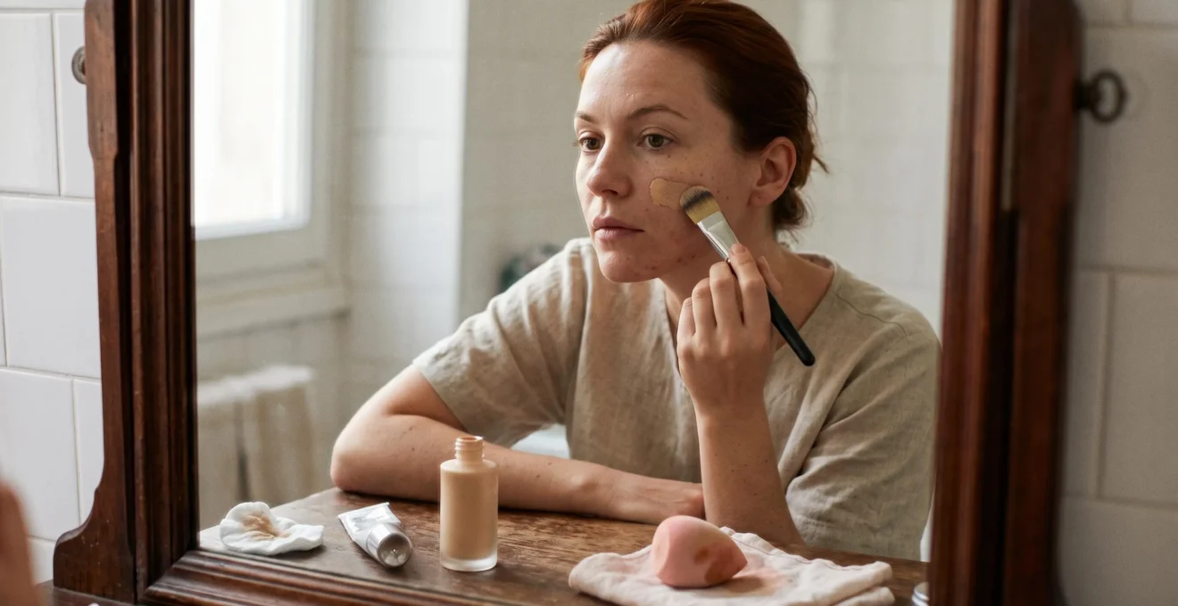 Une femme applique son fond de teint liquide au pinceau devant son miroir de salle de bain, dans la lumière naturelle du matin.