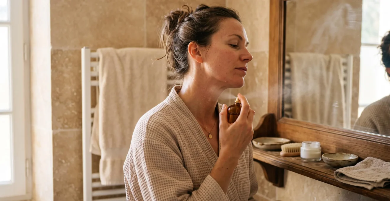 Une femme en peignoir applique du parfum sur son cou encore chaud après la douche, dans une salle de bains lumineuse.