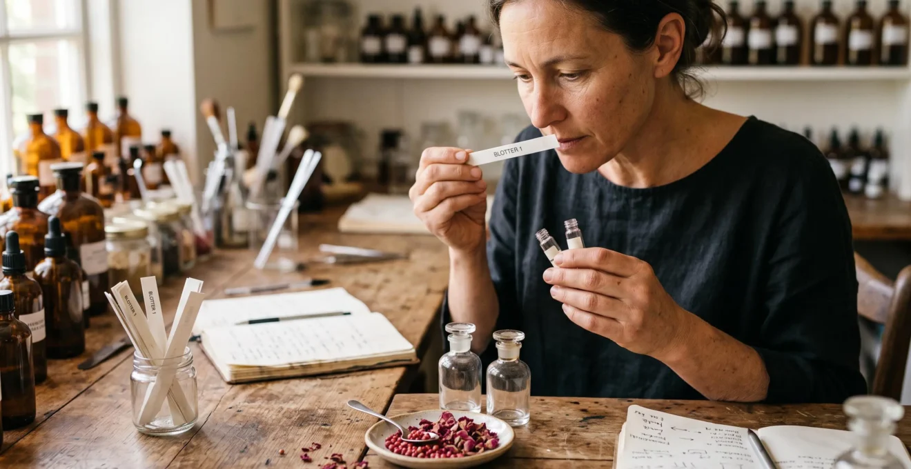 Une consultante en parfum compare deux échantillons sur un mouilletor dans un atelier, avec des pétales de rose et des baies de poivre rose disposées sur une coupelle.