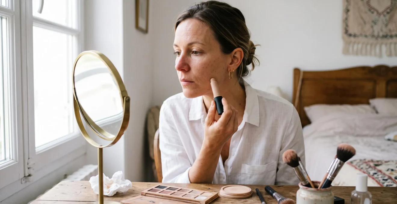 Une femme compare la teinte d'un correcteur avec sa mâchoire devant un miroir posé sur sa table de toilette éclairée par la lumière du jour.
