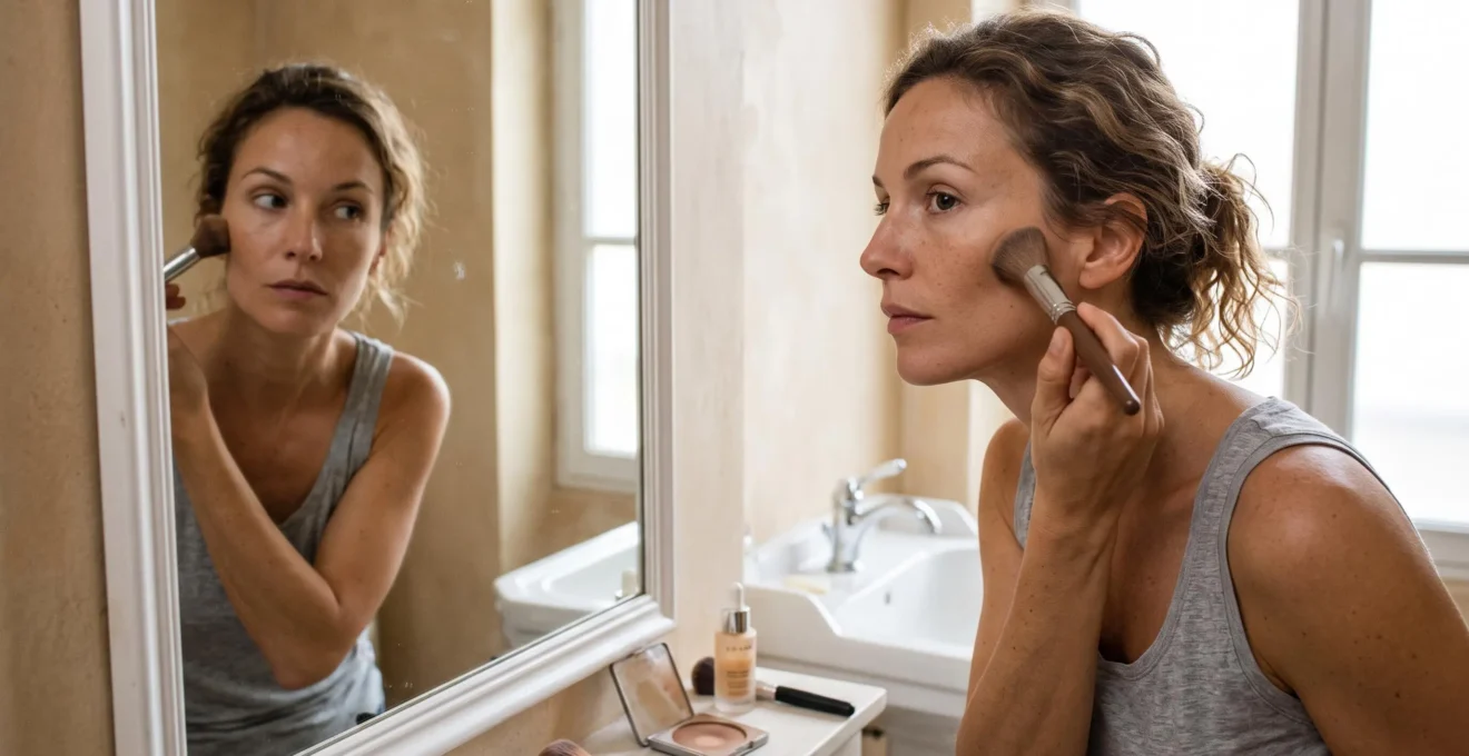 Une femme applique un contouring discret au pinceau sur sa pommette devant un miroir de salle de bain, en lumière naturelle près d'une fenêtre.