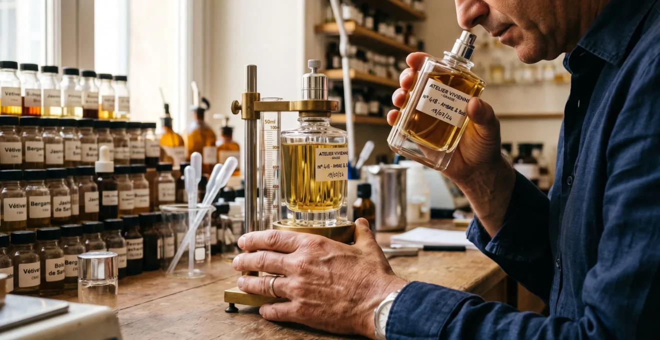 Un parfumeur examina la composition d'un parfum dans son atelier français.