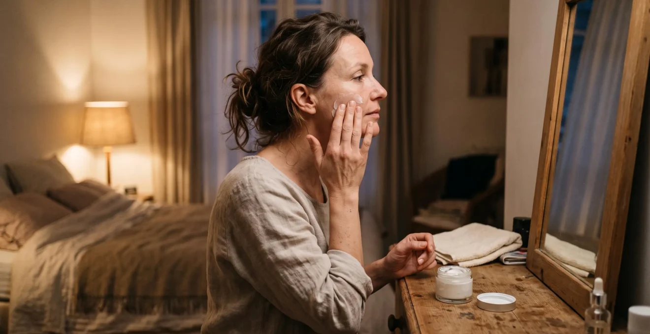 Une femme applique le soir une crème riche sur sa joue devant un miroir, le pot posé sur une commode en bois dans une chambre tamisée.