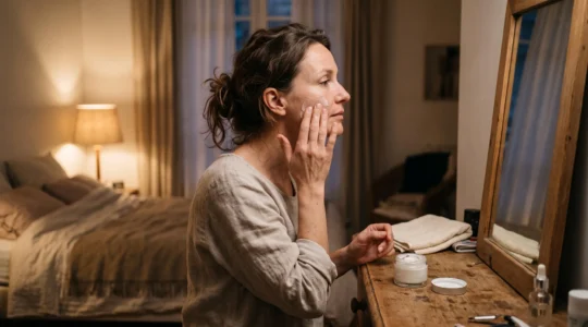Une femme applique le soir une crème riche sur sa joue devant un miroir, le pot posé sur une commode en bois dans une chambre tamisée.