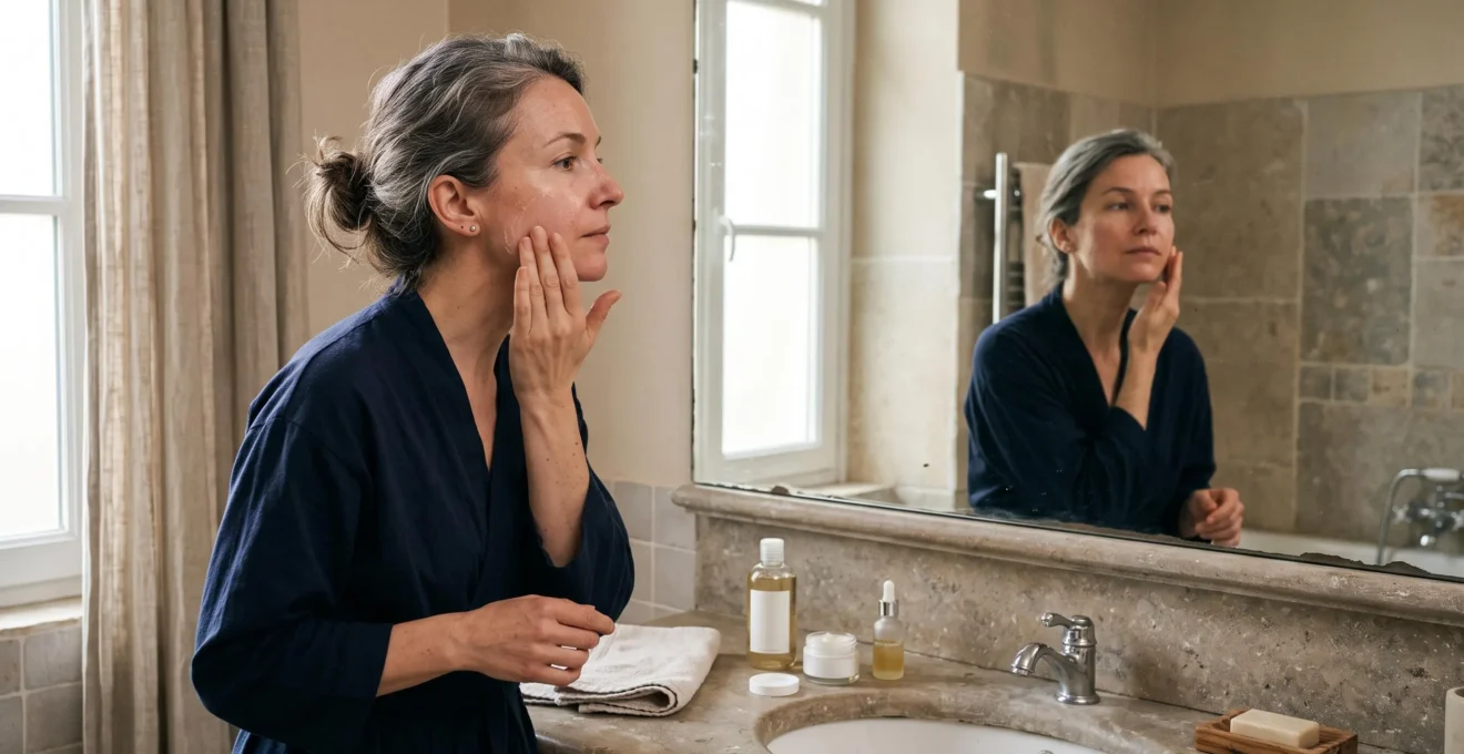 Une femme applique délicatement un produit exfoliant sur sa joue devant le miroir de sa salle de bain.
