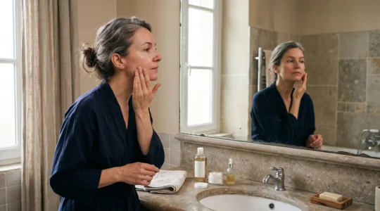 Une femme applique délicatement un produit exfoliant sur sa joue devant le miroir de sa salle de bain.