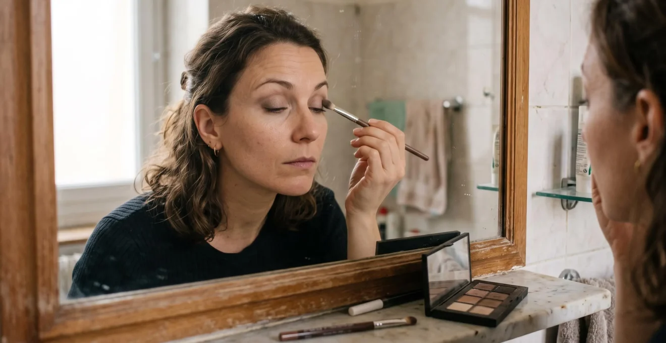 Une femme applique un fard à paupières au pinceau devant un miroir de salle de bain, les yeux mi-clos.
