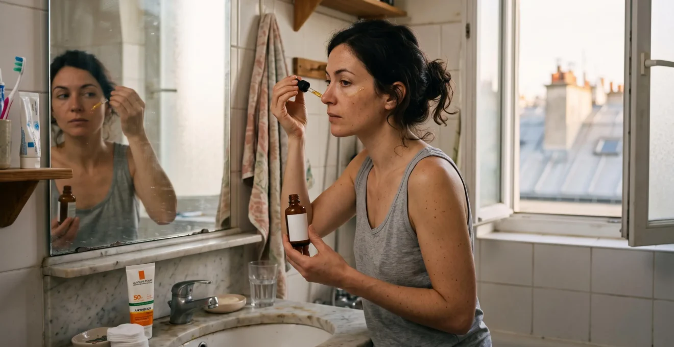 Une femme applique un sérum antioxydant au compte-gouttes sur sa joue devant le miroir d'une salle de bain le matin, avec un écran solaire posé sur le lavabo.