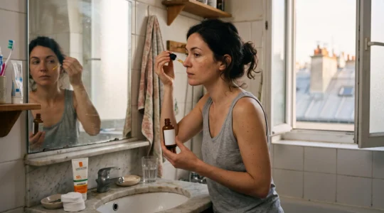 Une femme applique un sérum antioxydant au compte-gouttes sur sa joue devant le miroir d'une salle de bain le matin, avec un écran solaire posé sur le lavabo.
