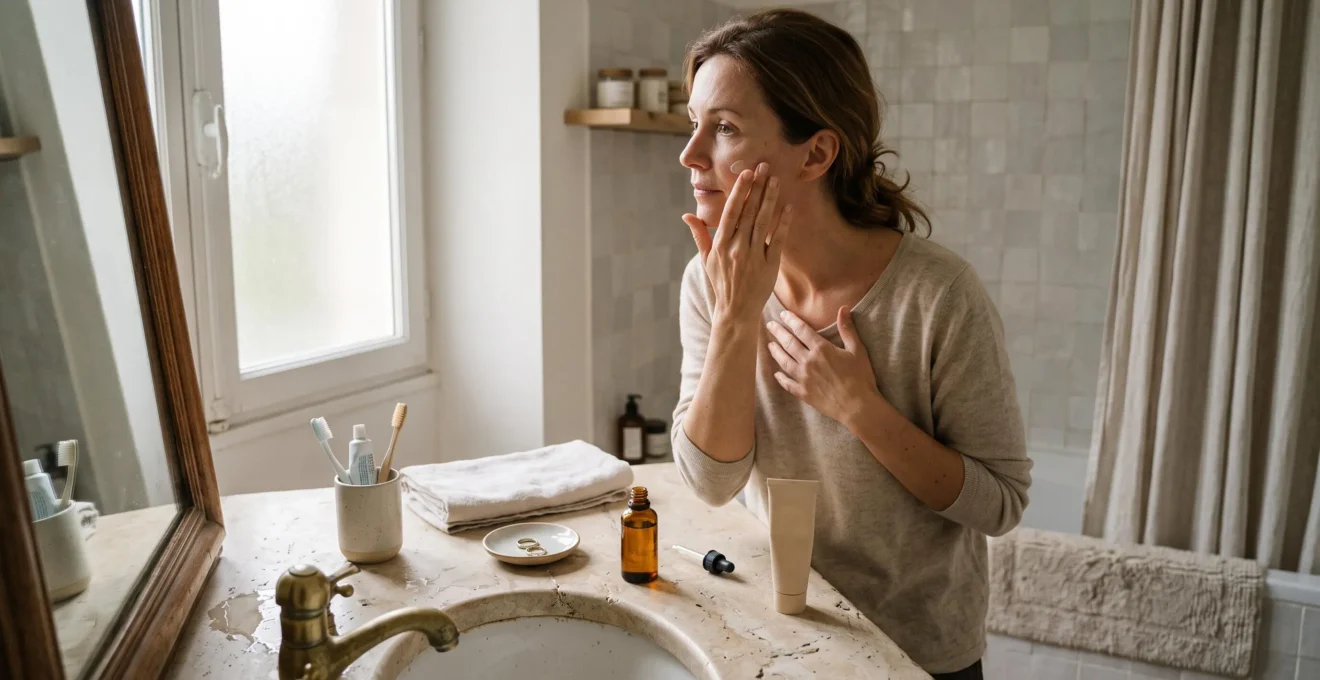 Une femme applique une crème du bout des doigts sur sa joue devant le miroir d'une salle de bains éclairée par la lumière du matin
