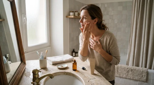 Une femme applique une crème du bout des doigts sur sa joue devant le miroir d'une salle de bains éclairée par la lumière du matin