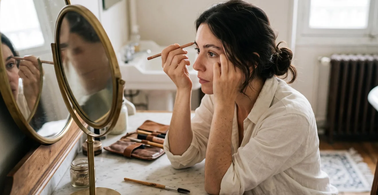 Une femme assise devant un miroir de salle de bain redessine ses sourcils clairsemés avec un crayon fin, en traçant des traits courts imitant les poils.