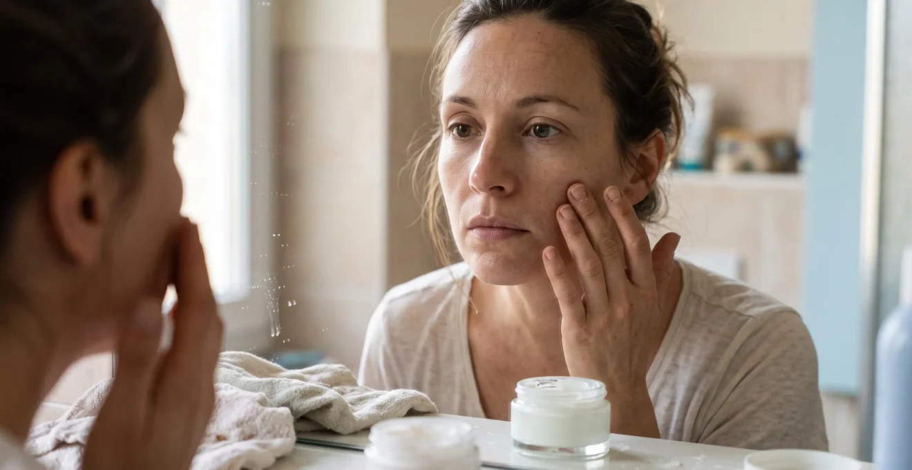 Une femme examine son teint terne devant le miroir d'une salle de bain, éclairée par la lumière naturelle du matin.