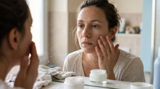 Une femme examine son teint terne devant le miroir d'une salle de bain, éclairée par la lumière naturelle du matin.