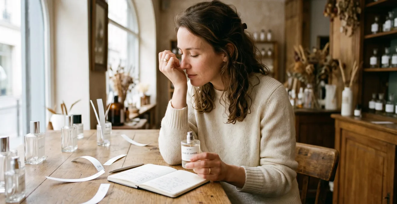 Une femme sent son poignet vaporisé de parfum assise à un comptoir d'essai dans une boutique, entourée de mouillettes en papier.