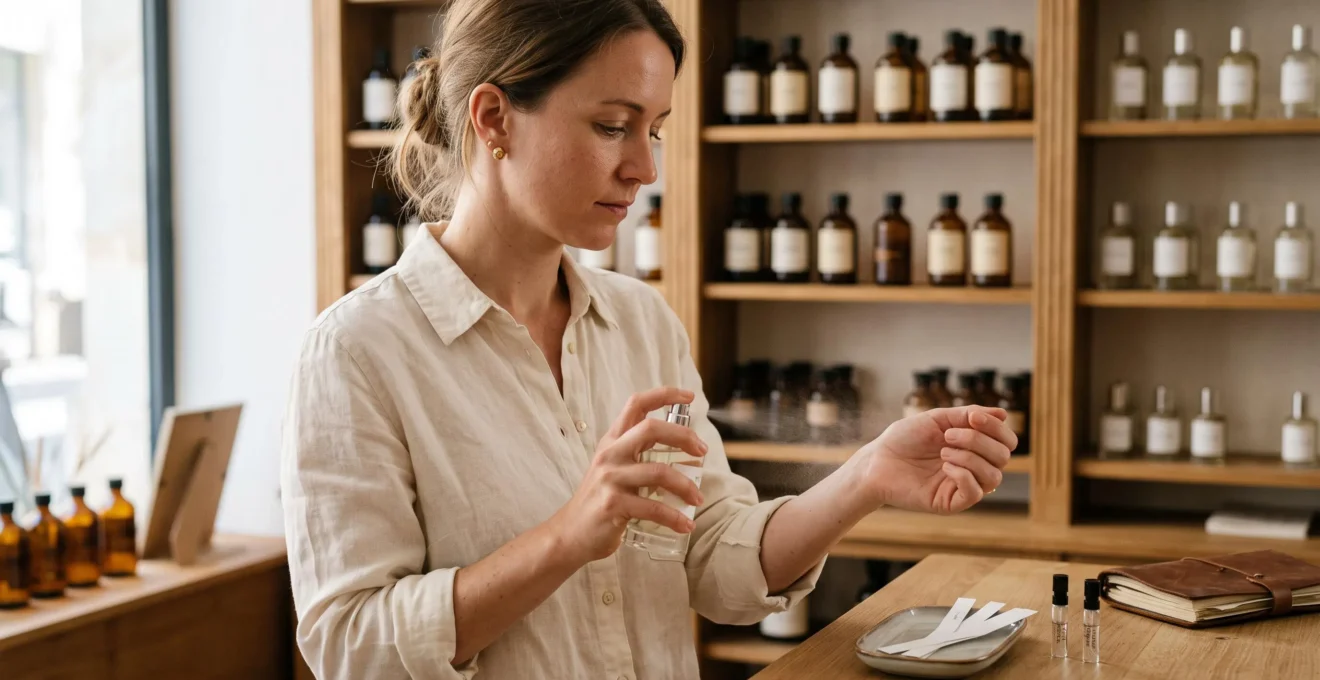 Une femme vaporise un parfum sur l'intérieur de son poignet dans une parfumerie indépendante aux rayonnages en bois.