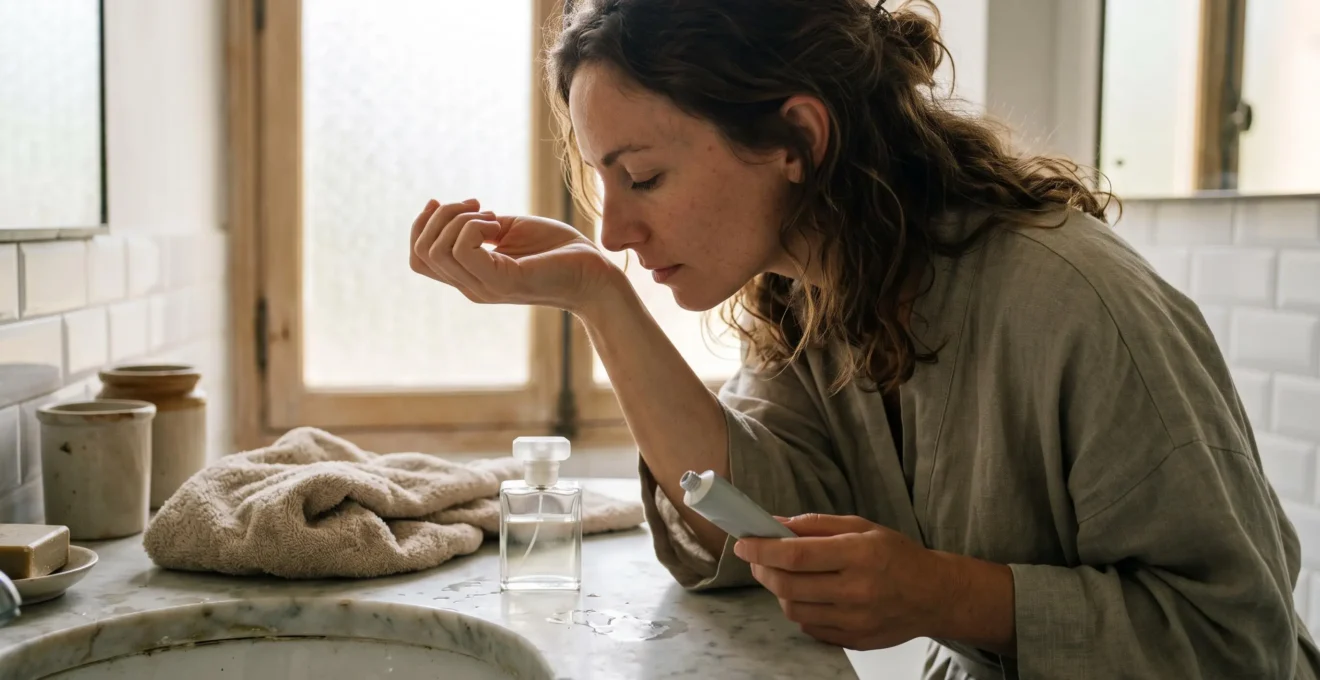 Une femme teste un parfum sur son poignet dans une salle de bains lumineuse, une crème hydratante neutre posée à côté du flacon.