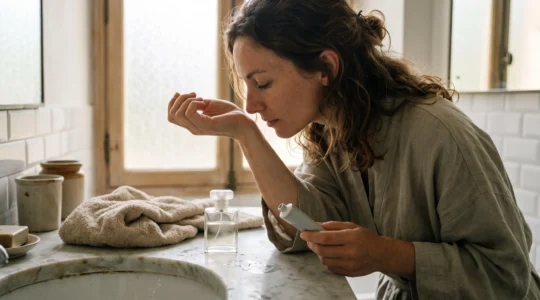 Une femme teste un parfum sur son poignet dans une salle de bains lumineuse, une crème hydratante neutre posée à côté du flacon.