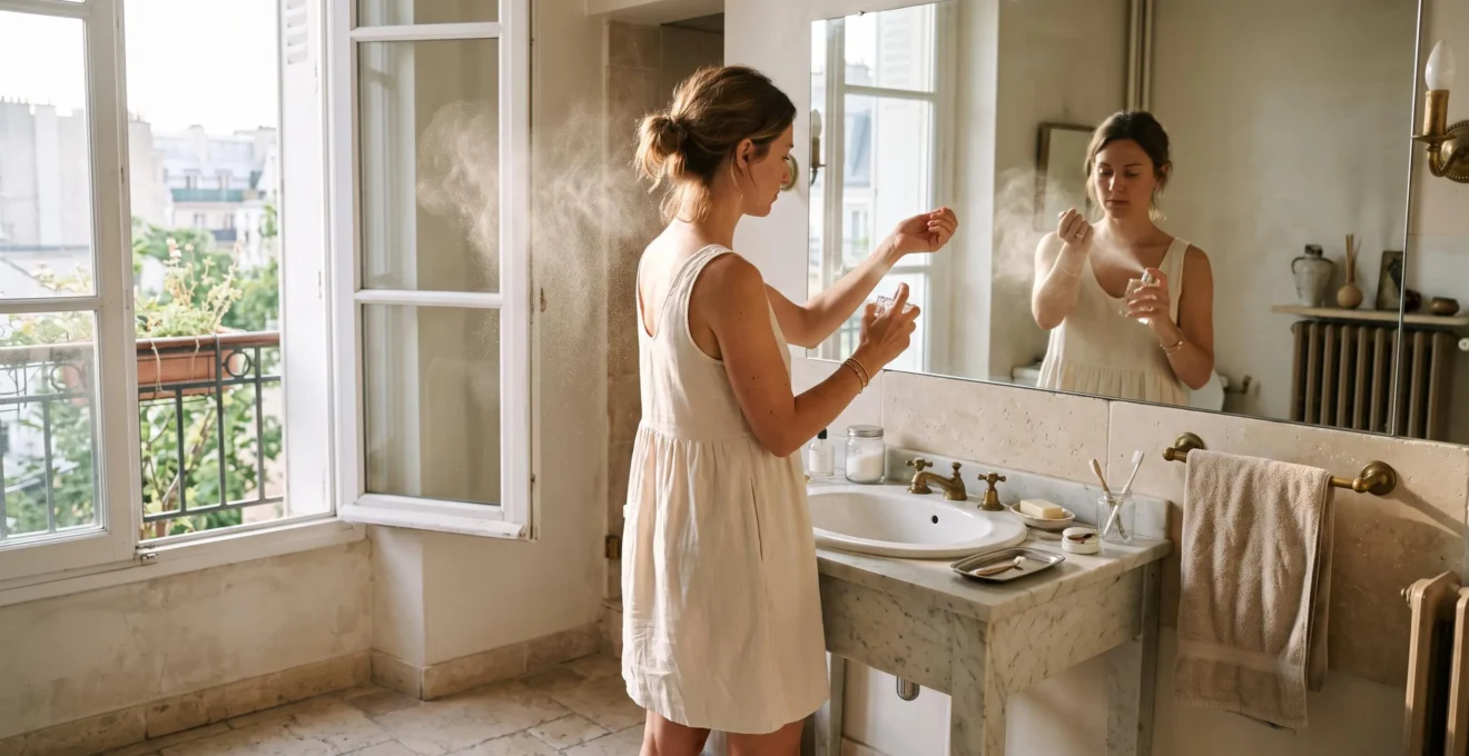 Une femme vaporise une goutte de parfum sur son poignet devant un miroir dans une salle de bain lumineuse en été.