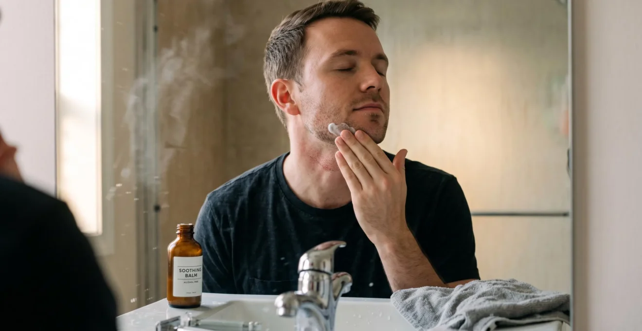 Un homme applique un baume apaisant sur son visage fraîchement rasé au-dessus du lavabo d'une salle de bain.
