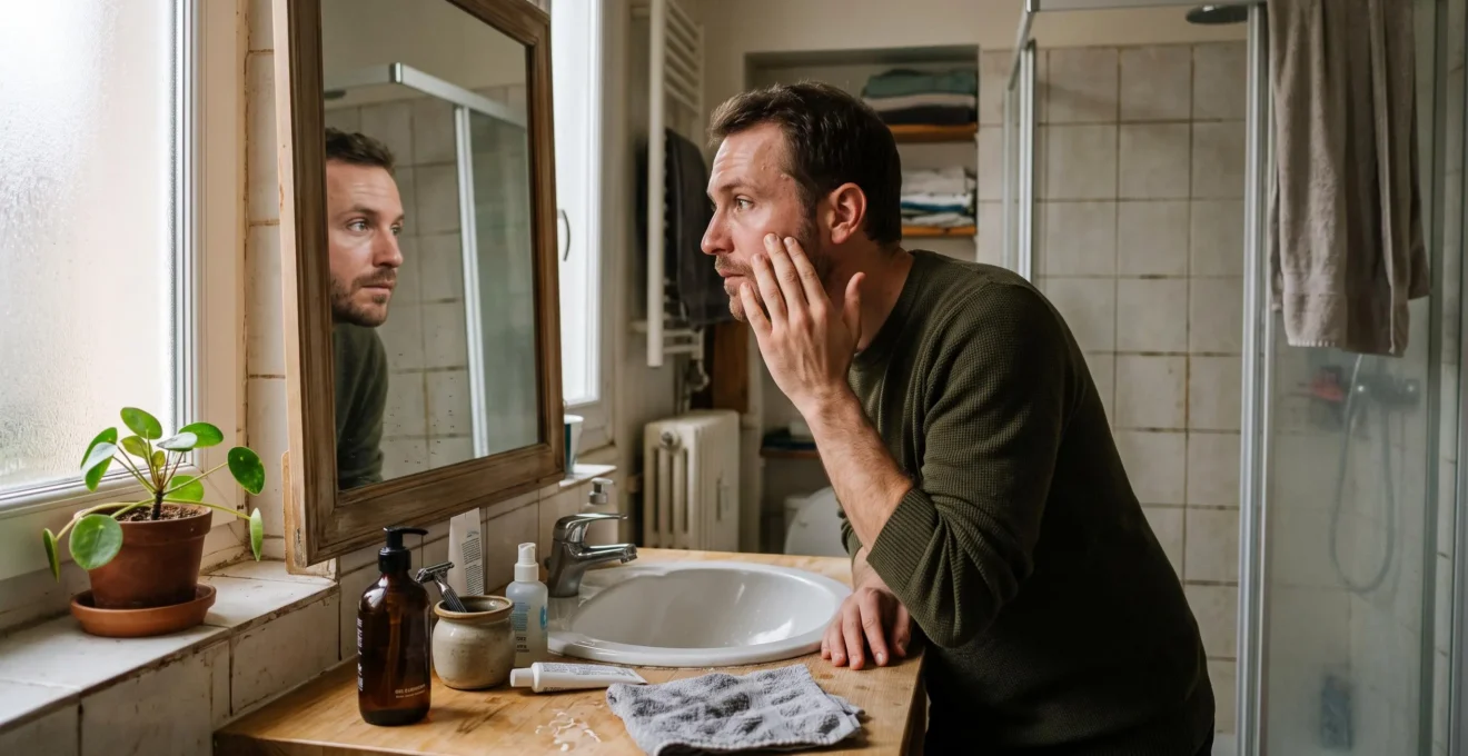 Un homme examine sa peau devant le miroir d'une salle de bain, quelques soins posés sur le lavabo