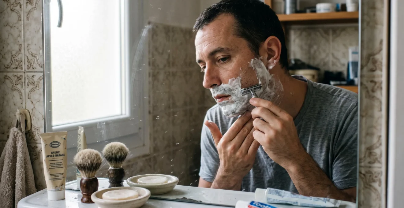 Un homme se rase devant un miroir de salle de bain avec un rasoir de sécurité, une main étirant légèrement la peau de sa joue couverte de mousse.