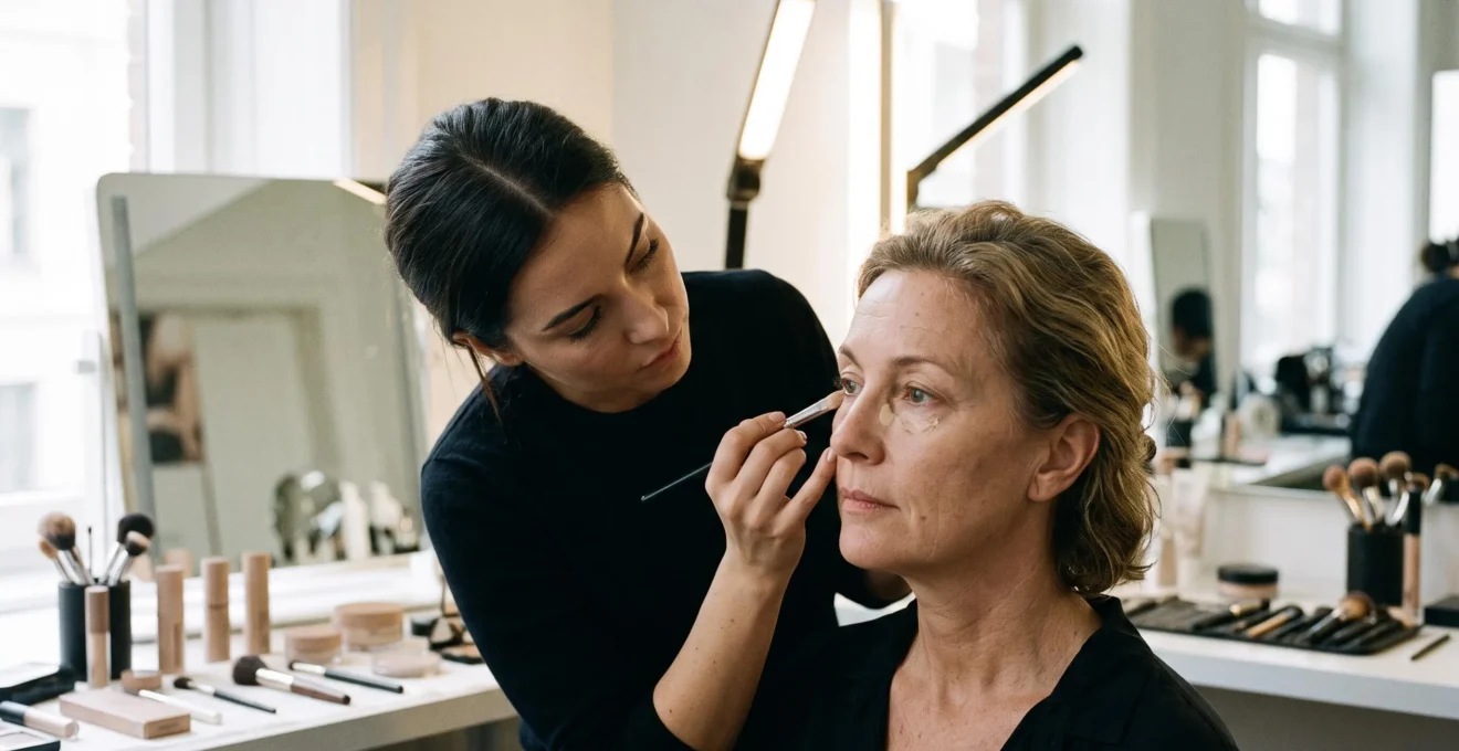 Une maquilleuse applique un correcteur crème sous l'œil d'une femme assise devant un miroir de coiffeuse éclairé par une lampe verticale qui projette des ombres sur le visage