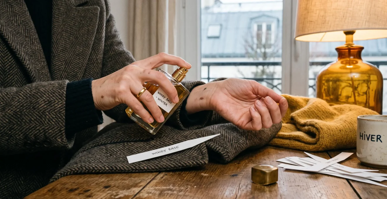 Une main vaporise un parfum sur son poignet près d'un manteau en laine et de mouillettes posées sur une table en bois, en lumière hivernale douce.