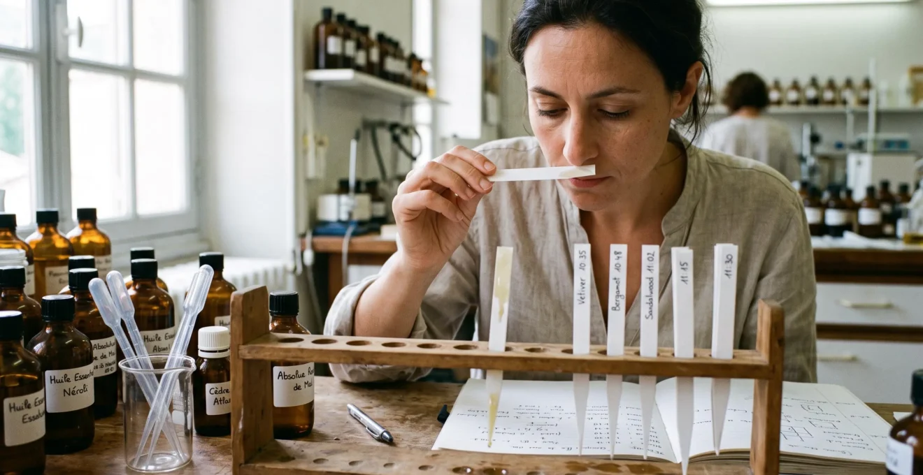 Une parfumeuse évalue une mouillette parfumée devant un rack de touches à sentir et des flacons de matières premières dans un laboratoire.