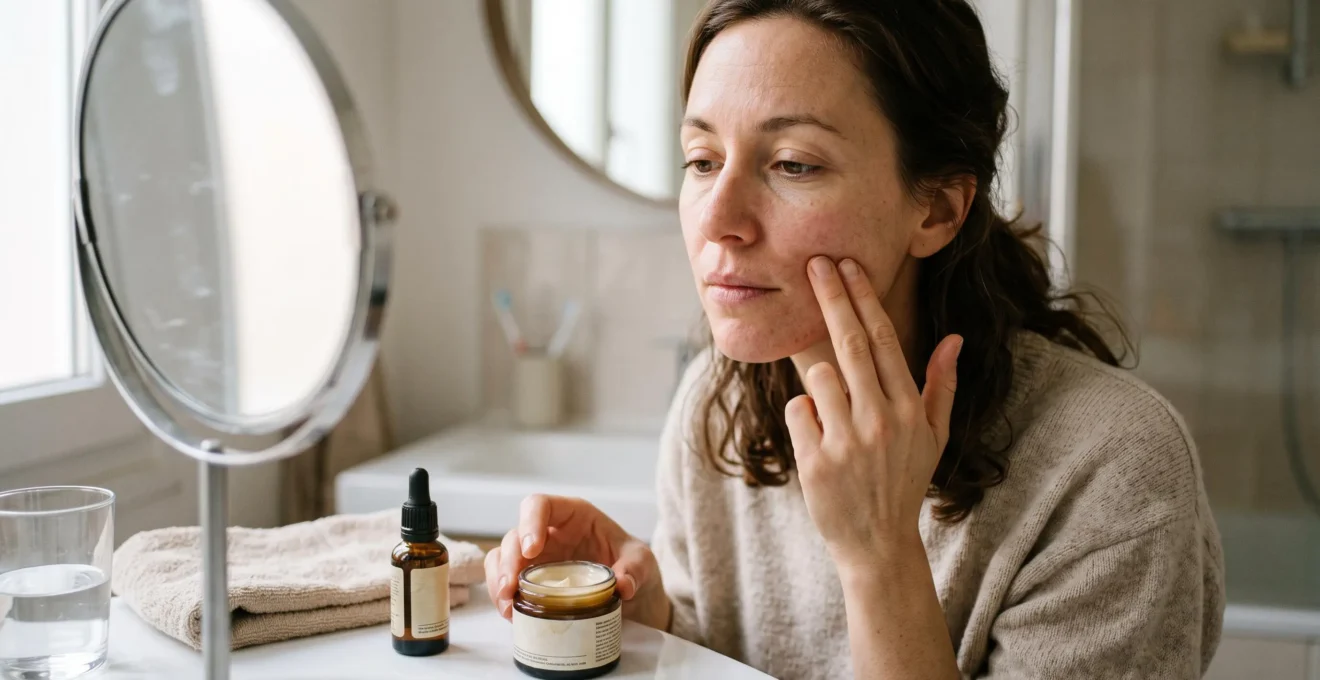 Une femme examine la sécheresse de sa peau en touchant sa joue devant un miroir de salle de bain, avec une crème riche et une huile visage posées sur le plan de travail.