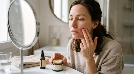 Une femme examine la sécheresse de sa peau en touchant sa joue devant un miroir de salle de bain, avec une crème riche et une huile visage posées sur le plan de travail.