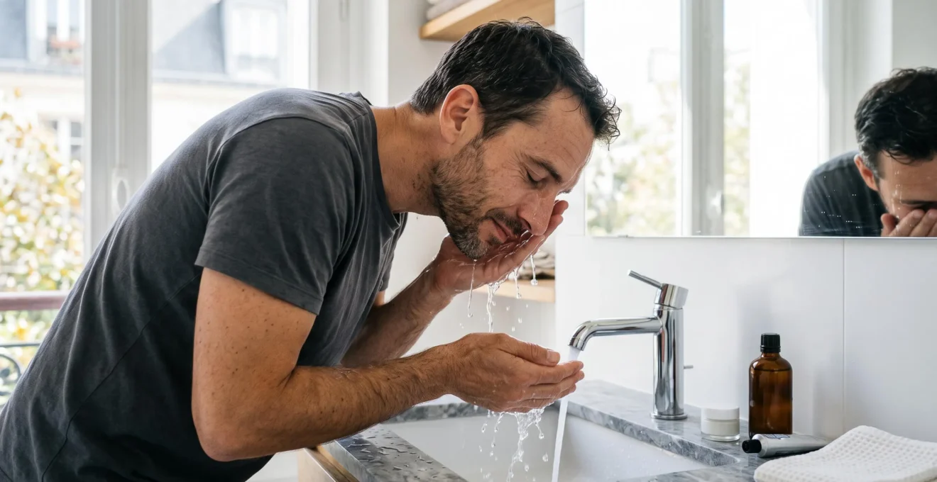 Un homme effectue sa routine de soins du matin dans une salle de bain moderne, visant une apparence énergique.