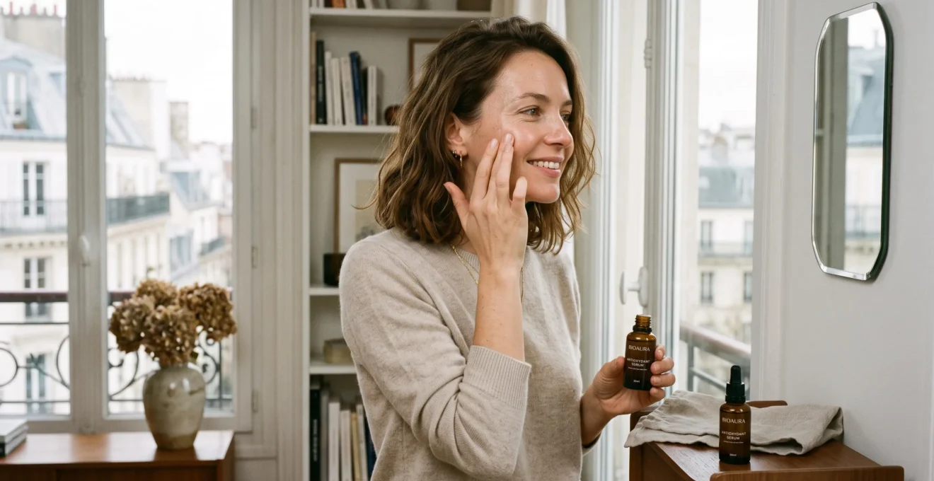 Femme appliquant un sérum antioxydant sur le visage devant une fenêtre en lumière naturelle.