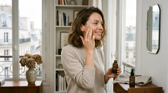 Femme appliquant un sérum antioxydant sur le visage devant une fenêtre en lumière naturelle.