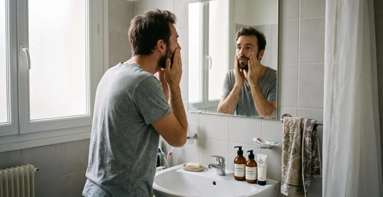 Un homme applique une crème hydratante sur son visage devant le lavabo d'une salle de bain, avec trois produits alignés à côté.