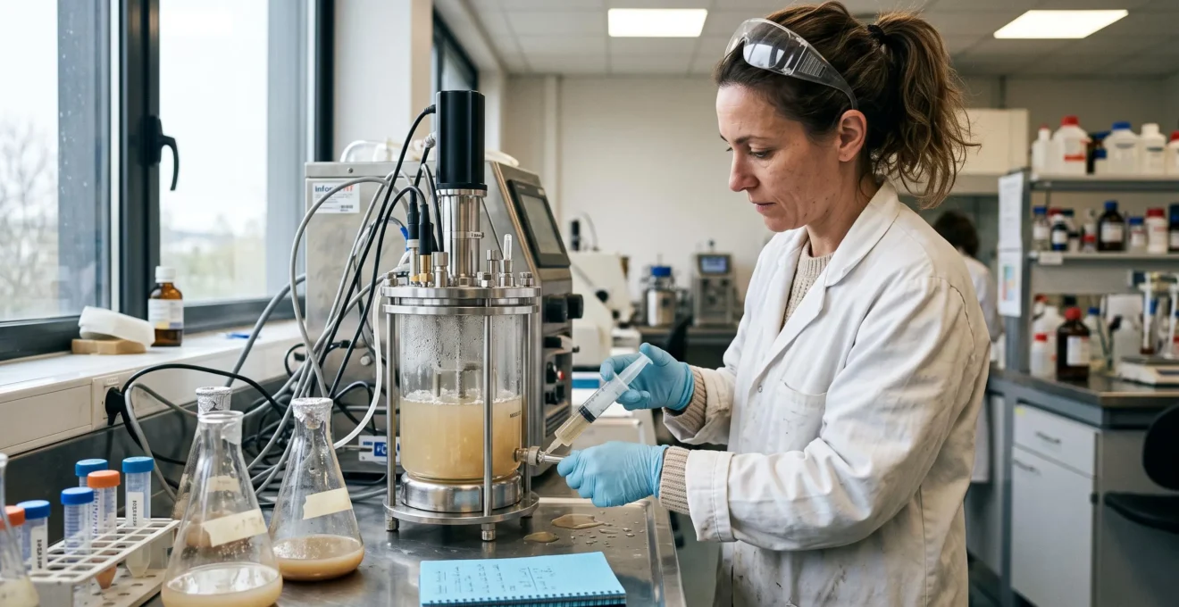 Une technicienne de laboratoire prélève un échantillon de bouillon de fermentation dans un petit bioréacteur posé sur une paillasse.