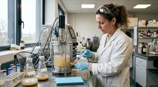 Une technicienne de laboratoire prélève un échantillon de bouillon de fermentation dans un petit bioréacteur posé sur une paillasse.