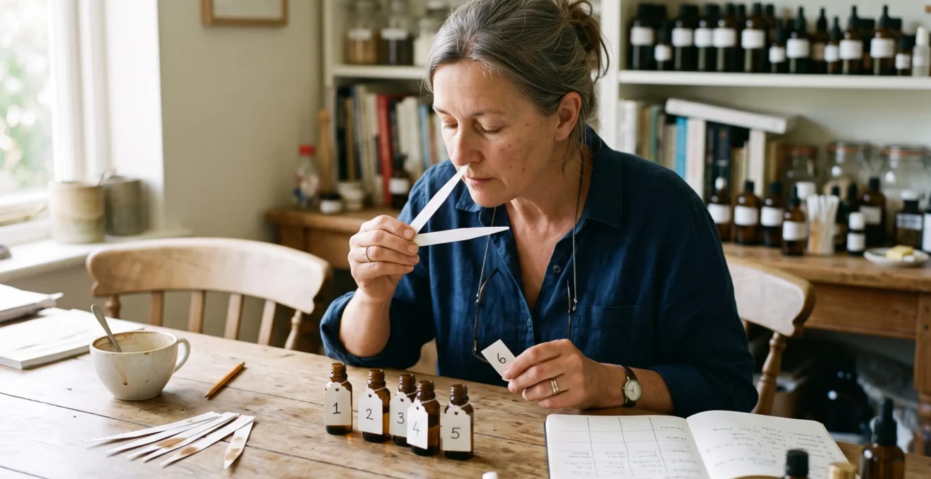 Une personne compare des mouillettes de parfum issues de flacons anonymisés numérotés lors d'un test olfactif à l'aveugle sur une table en bois.